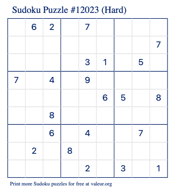 Free Printable Hard Sudoku Puzzle number 12023