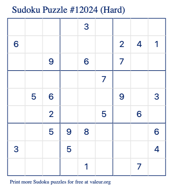 Free Printable Hard Sudoku Puzzle number 12024