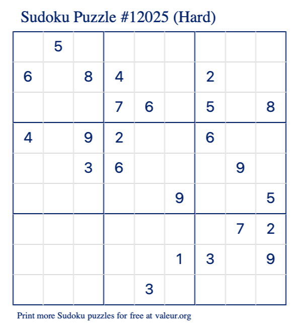 Free Printable Hard Sudoku Puzzle number 12025