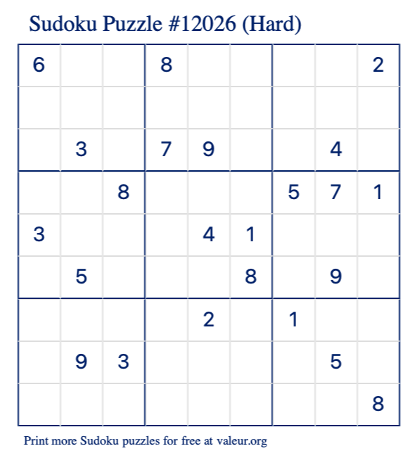 Free Printable Hard Sudoku Puzzle number 12026