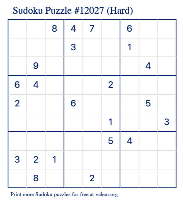 Free Printable Hard Sudoku Puzzle number 12027