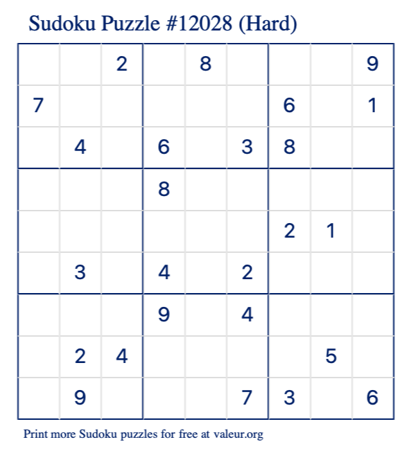 Free Printable Hard Sudoku Puzzle number 12028