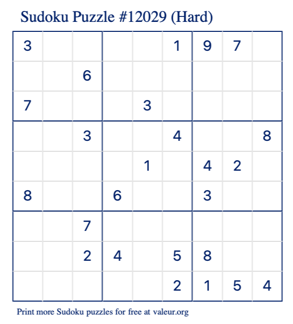 Free Printable Hard Sudoku Puzzle number 12029