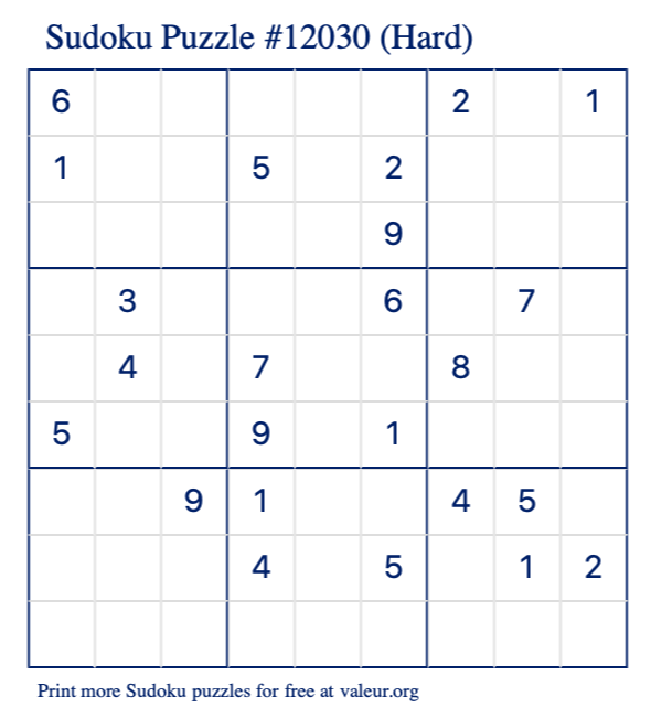 Free Printable Hard Sudoku Puzzle number 12030