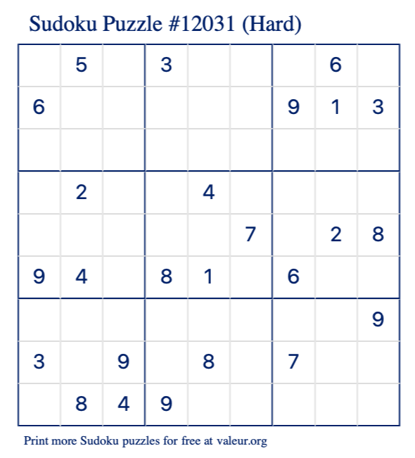 Free Printable Hard Sudoku Puzzle number 12031