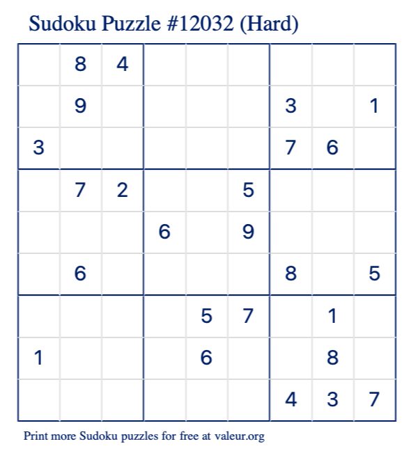 Free Printable Hard Sudoku Puzzle number 12032