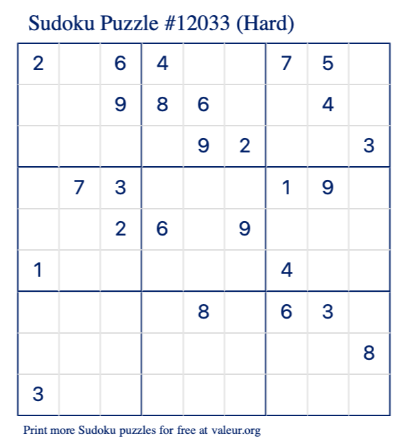 Free Printable Hard Sudoku Puzzle number 12033