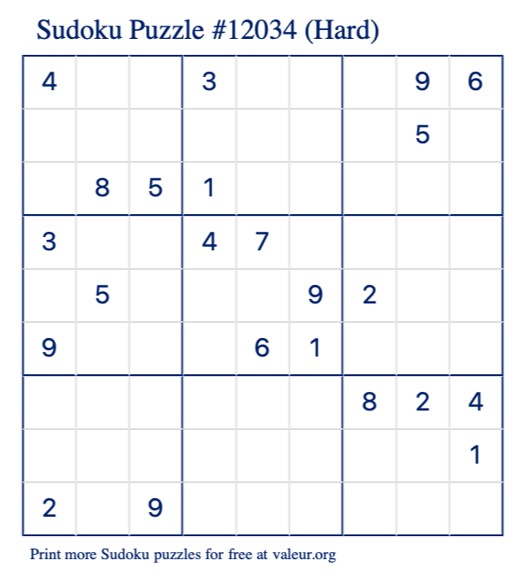 Free Printable Hard Sudoku Puzzle number 12034