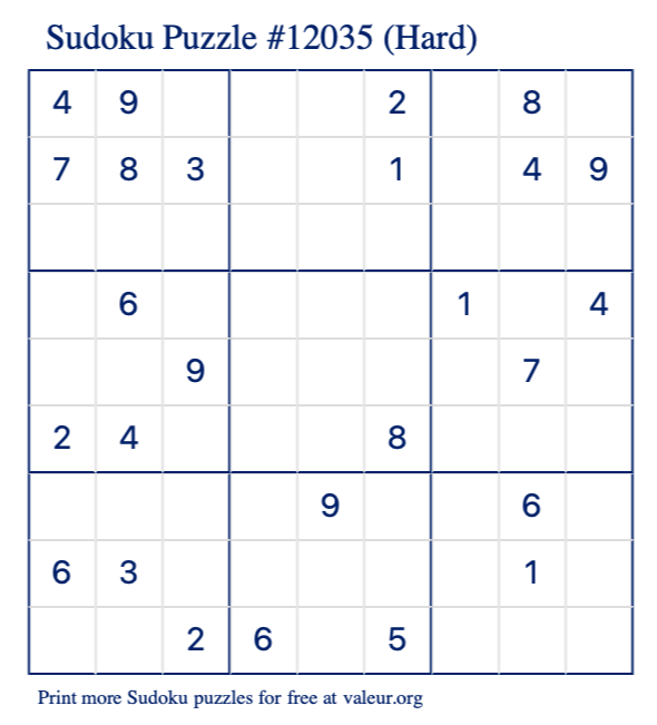 Free Printable Hard Sudoku Puzzle number 12035