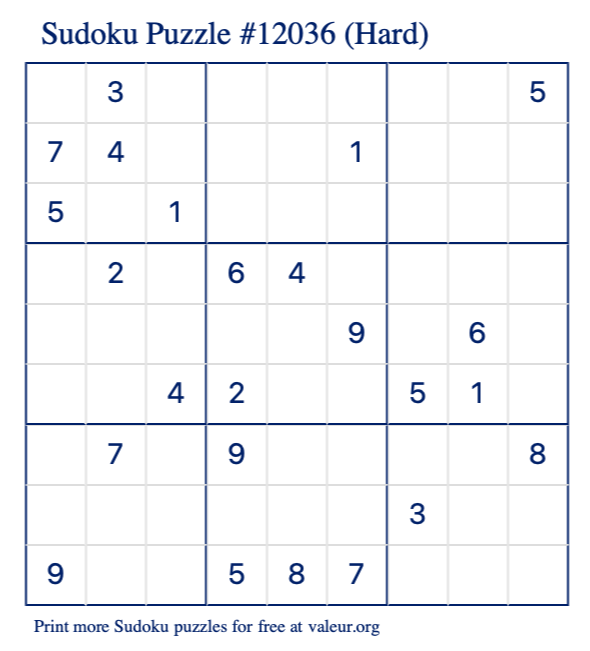 Free Printable Hard Sudoku Puzzle number 12036