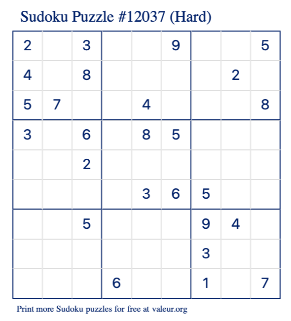 Free Printable Hard Sudoku Puzzle number 12037