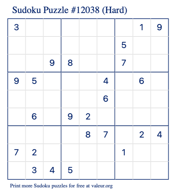 Free Printable Hard Sudoku Puzzle number 12038