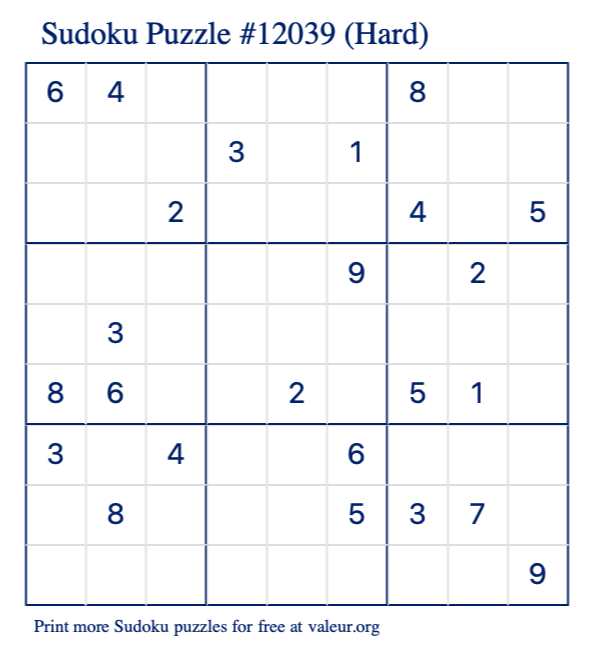 Free Printable Hard Sudoku Puzzle number 12039