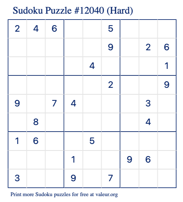 Free Printable Hard Sudoku Puzzle number 12040