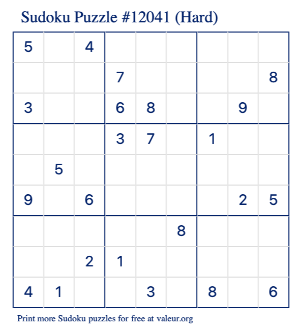 Free Printable Hard Sudoku Puzzle number 12041