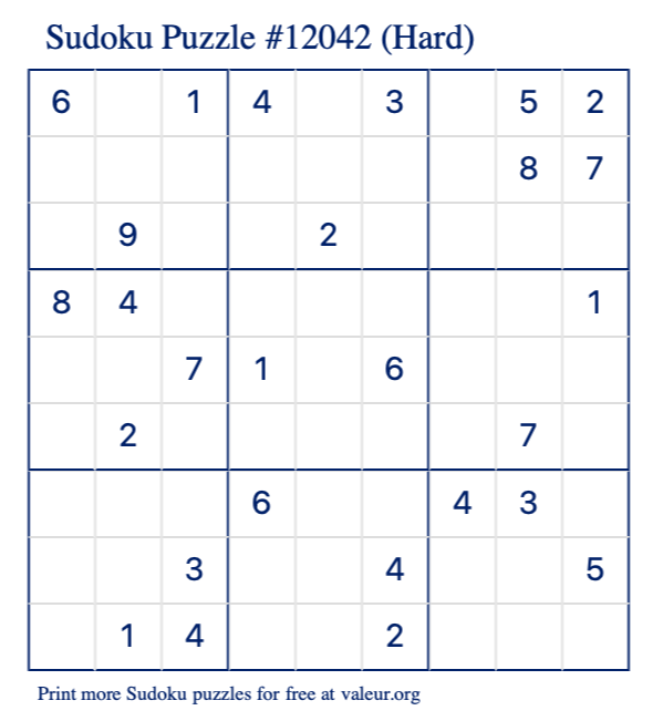 Free Printable Hard Sudoku Puzzle number 12042