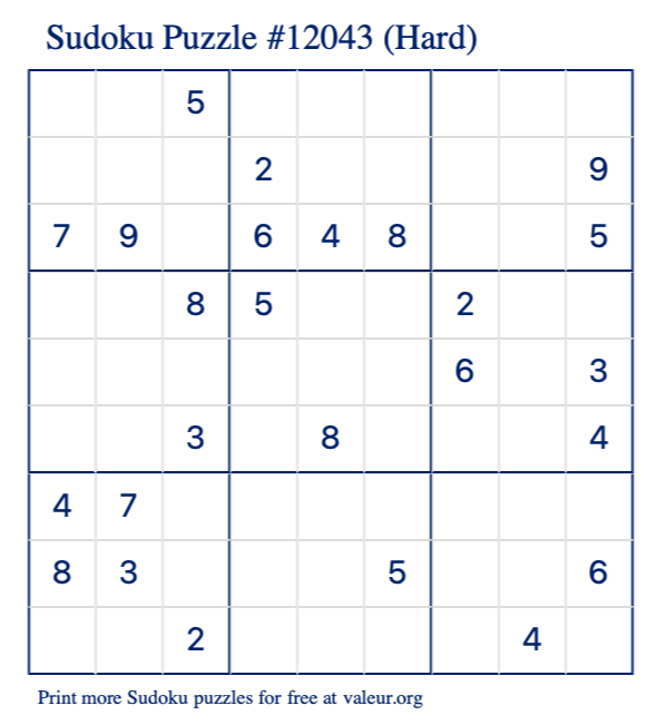 Free Printable Hard Sudoku Puzzle number 12043