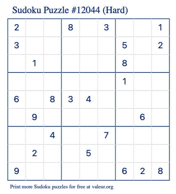 Free Printable Hard Sudoku Puzzle number 12044