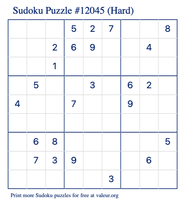 Free Printable Hard Sudoku Puzzle number 12045