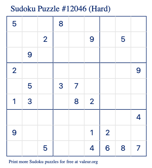 Free Printable Hard Sudoku Puzzle number 12046