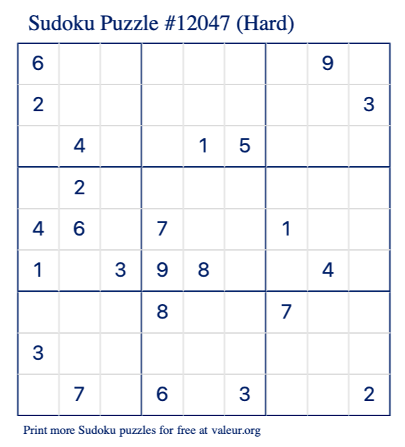 Free Printable Hard Sudoku Puzzle number 12047