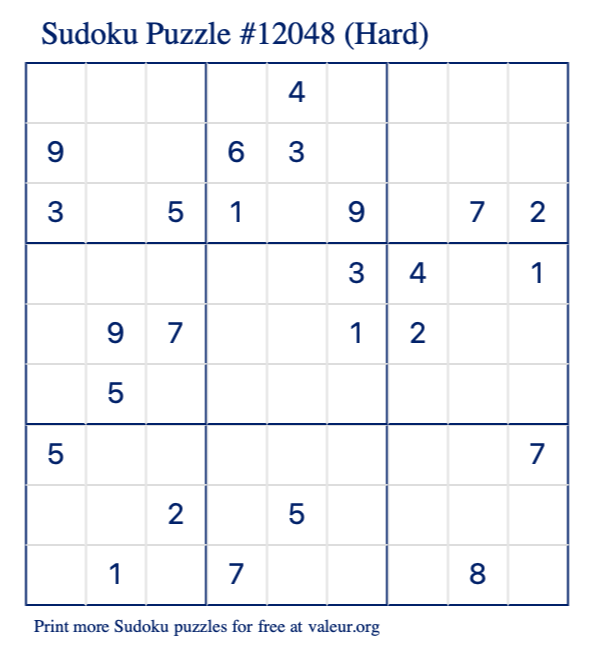 Free Printable Hard Sudoku Puzzle number 12048