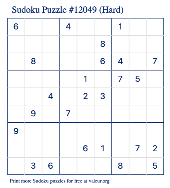 Free Printable Hard Sudoku Puzzle number 12049