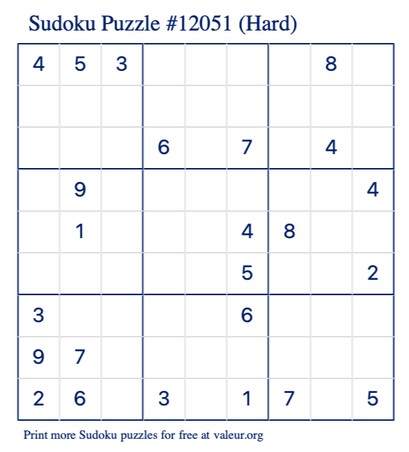 Free Printable Hard Sudoku Puzzle number 12051