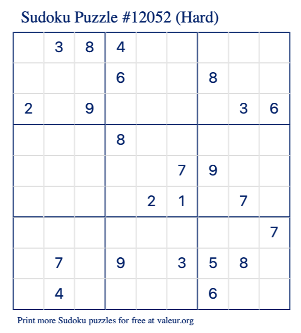 Free Printable Hard Sudoku Puzzle number 12052