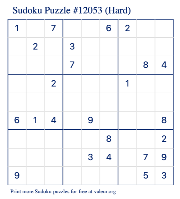 Free Printable Hard Sudoku Puzzle number 12053