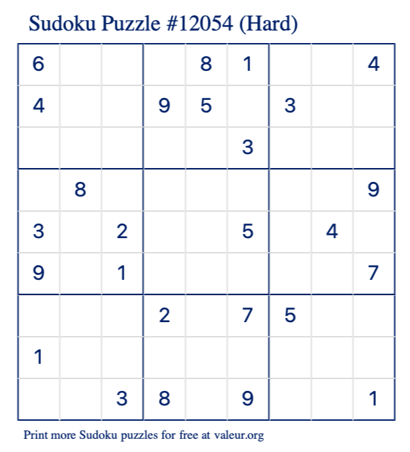 Free Printable Hard Sudoku Puzzle number 12054