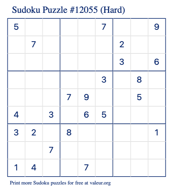 Free Printable Hard Sudoku Puzzle number 12055