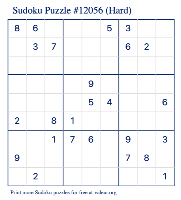 Free Printable Hard Sudoku Puzzle number 12056