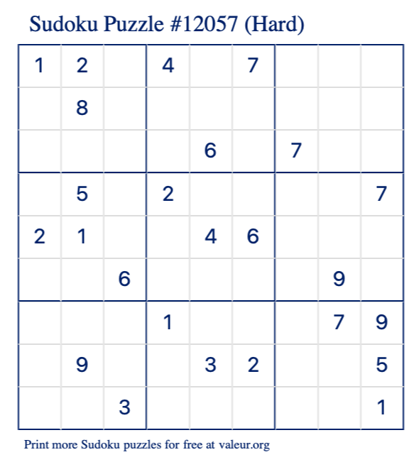 Free Printable Hard Sudoku Puzzle number 12057