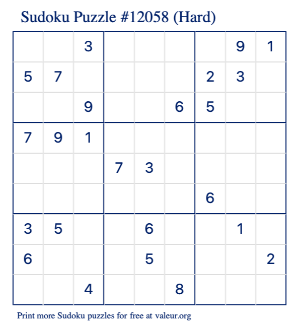 Free Printable Hard Sudoku Puzzle number 12058