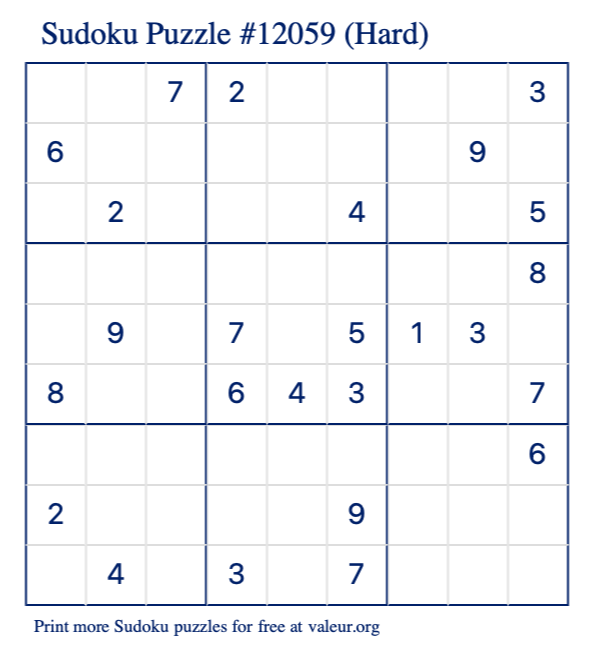 Free Printable Hard Sudoku Puzzle number 12059