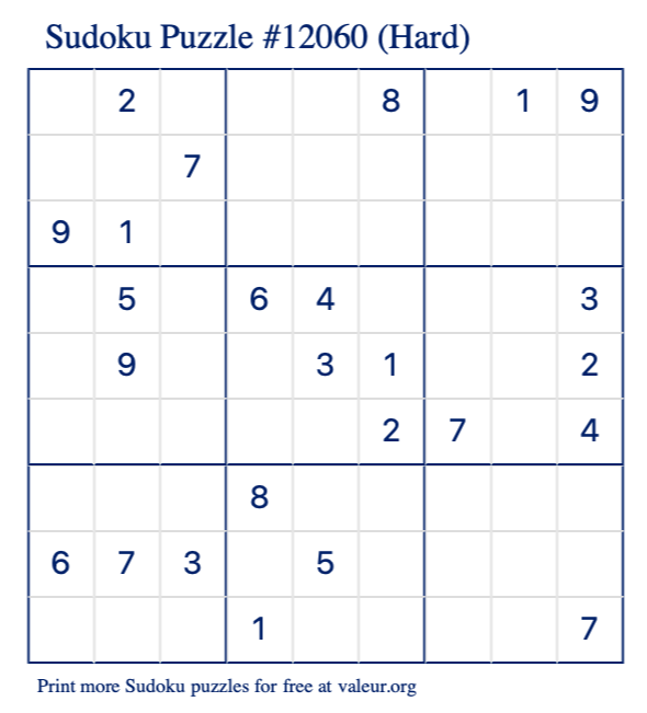 Free Printable Hard Sudoku Puzzle number 12060