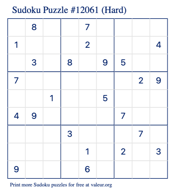 Free Printable Hard Sudoku Puzzle number 12061