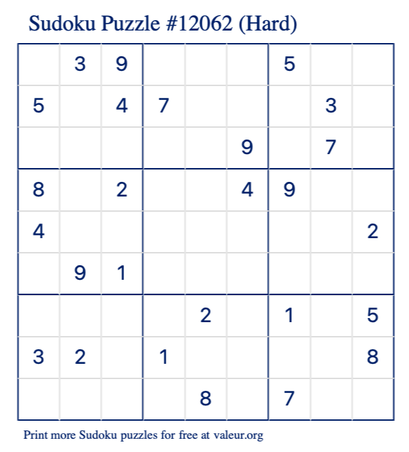 Free Printable Hard Sudoku Puzzle number 12062