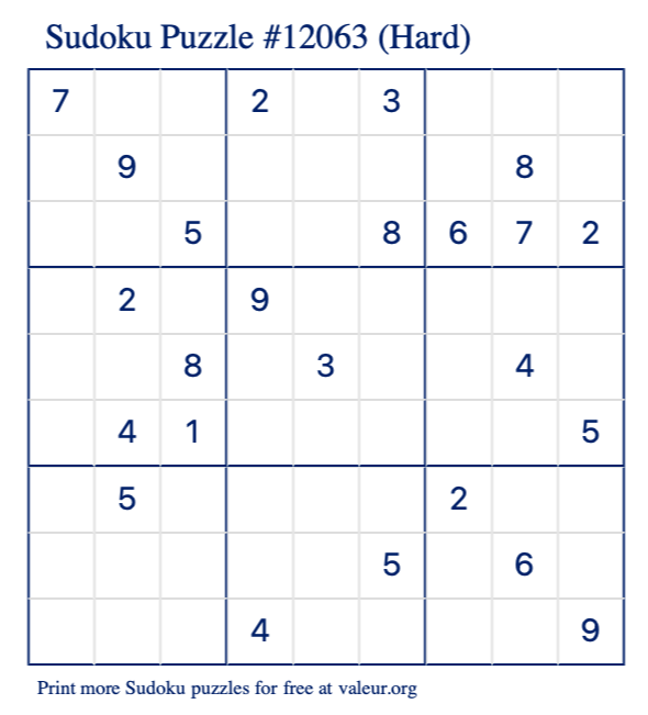 Free Printable Hard Sudoku Puzzle number 12063