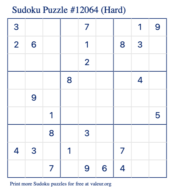 Free Printable Hard Sudoku Puzzle number 12064