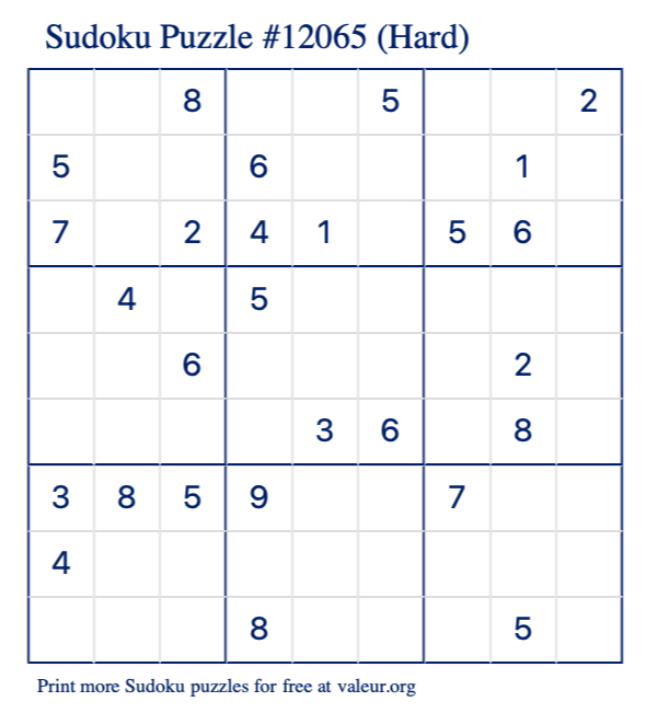 Free Printable Hard Sudoku Puzzle number 12065