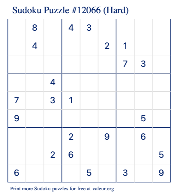 Free Printable Hard Sudoku Puzzle number 12066