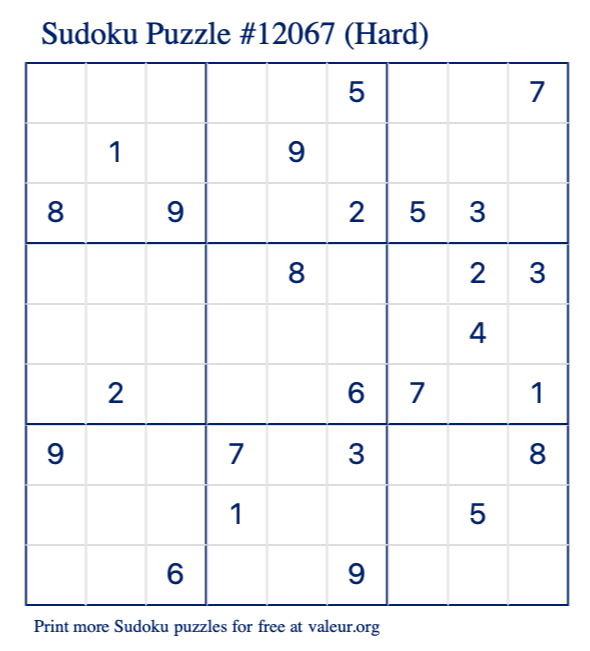 Free Printable Hard Sudoku Puzzle number 12067