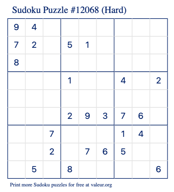 Free Printable Hard Sudoku Puzzle number 12068