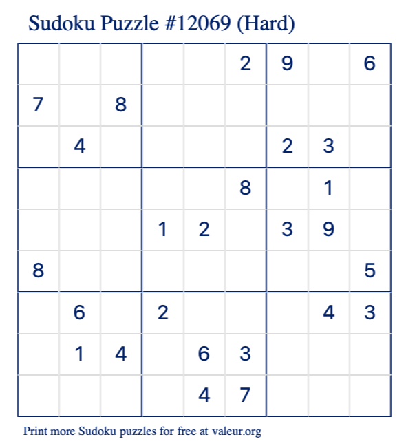 Free Printable Hard Sudoku Puzzle number 12069