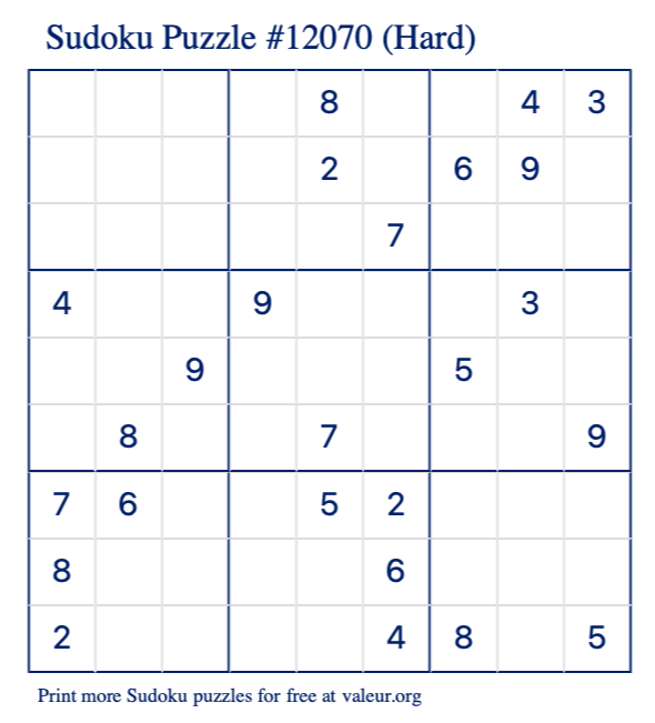 Free Printable Hard Sudoku Puzzle number 12070