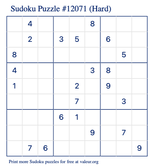 Free Printable Hard Sudoku Puzzle number 12071