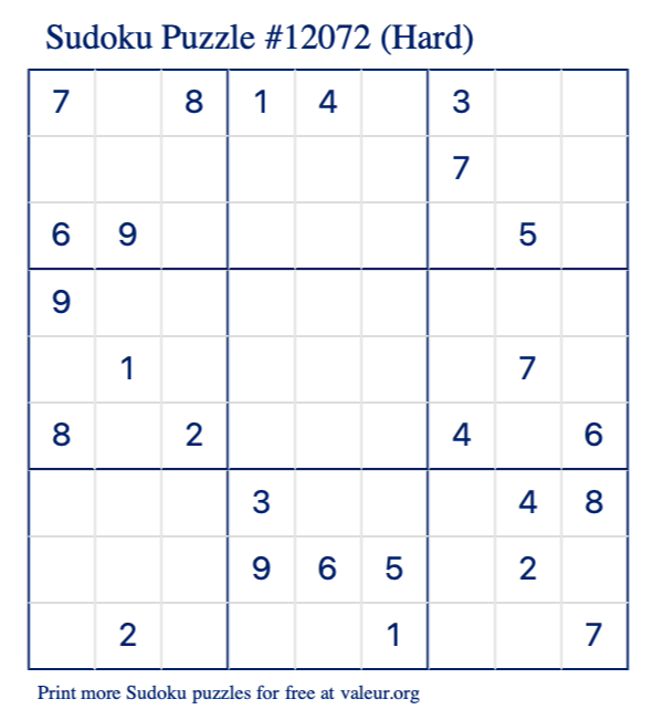 Free Printable Hard Sudoku Puzzle number 12072