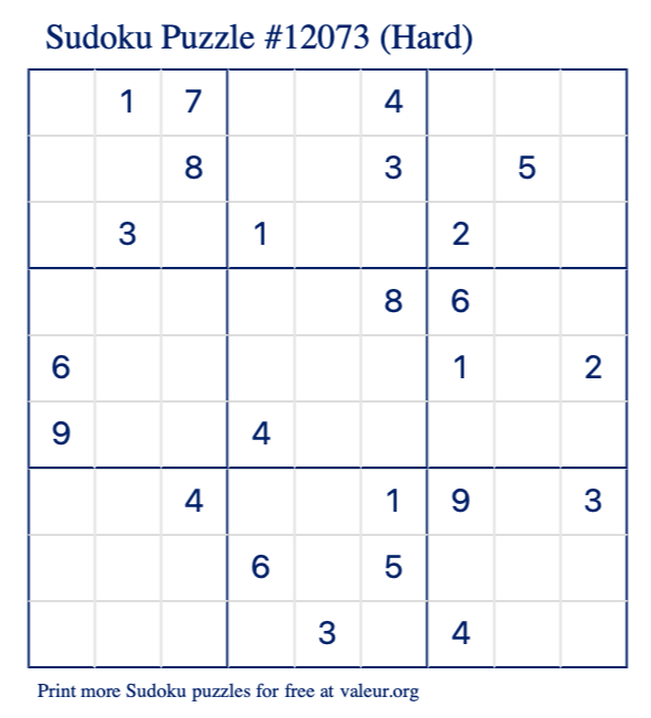 Free Printable Hard Sudoku Puzzle number 12073